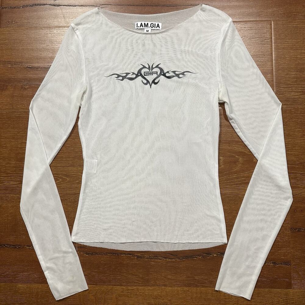 I AM GIA Mesh Top Womens M White Sheer Long Sleeve Y2K Brat Angel Baby 00s City
